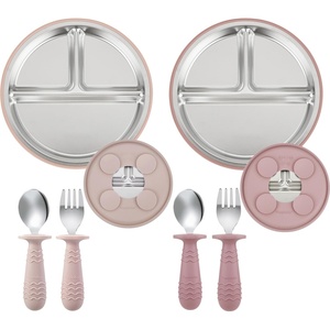 PandaEar 2 Pack Stainless Steel Baby Suction Plates & 2 Pack Spoons and Forks Set, Toddler Utensils Baby Feeding Set, Divided Plates for Baby Led Weaning Supplies, BPA-Free (Tan/Walnut)(Pink)