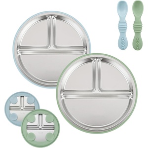 PandaEar 2 Pack Stainless Steel Baby Suction Plates with 2 Pack Spoons(Blue/Green)