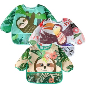 PandaEar 3 Pack Baby Long Sleeve Bibs, Waterproof Toddler Smock for Eating & Arts, Sleeved Bib with Elastic Cuffs & Pocket, Fits 6-36 Months (Whale/Dinosaur)(Green)