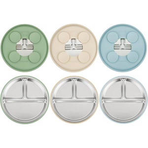 PandaEar 3 Pack Stainless Steel Baby Suction Plates With Lids(Blue/Green/Brown)