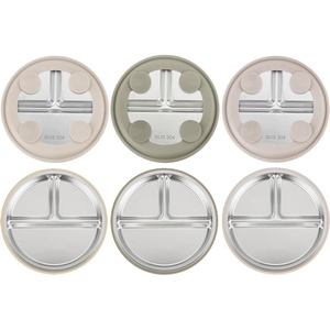 PandaEar 3 Pack Stainless Steel Baby Suction Plates With Lids(Linen/Brown/Tan)