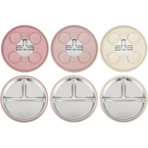 PandaEar 3 Pack Stainless Steel Baby Suction Plates With Lids(Pink/Linen/Light Pink)