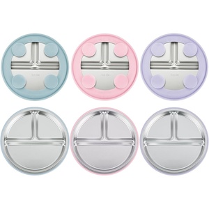 PandaEar 3 Pack Stainless Steel Baby Suction Plates With Lids(Pink/Purple/Blue)