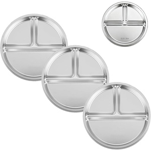 PandaEar 3 Pack Stainless Steel Divided Plates for Kids, 8.1” Portion Control Plates with 3 Compartments, Reusable Metal Dishes for Balanced Meals, Camping & Home Use (3, Silver)(Silver)