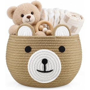 PandaEar Cotton Rope Baby Basket, Baby Gift Basket Nursery Laundry Organizer with Cute Bear Design for Storage Infant Newborn Essentials, Diaper Caddy with Handle (Brown)(Brown)