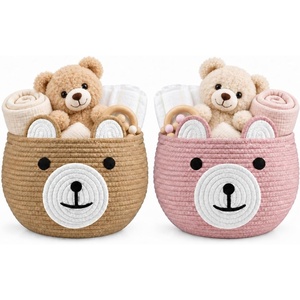 PandaEar Cotton Rope Baby Basket, Baby Gift Basket Nursery Laundry Organizer with Cute Bear Design for Storage Infant Newborn Essentials, Diaper Caddy with Handle (Brown)(Brown& Pink)