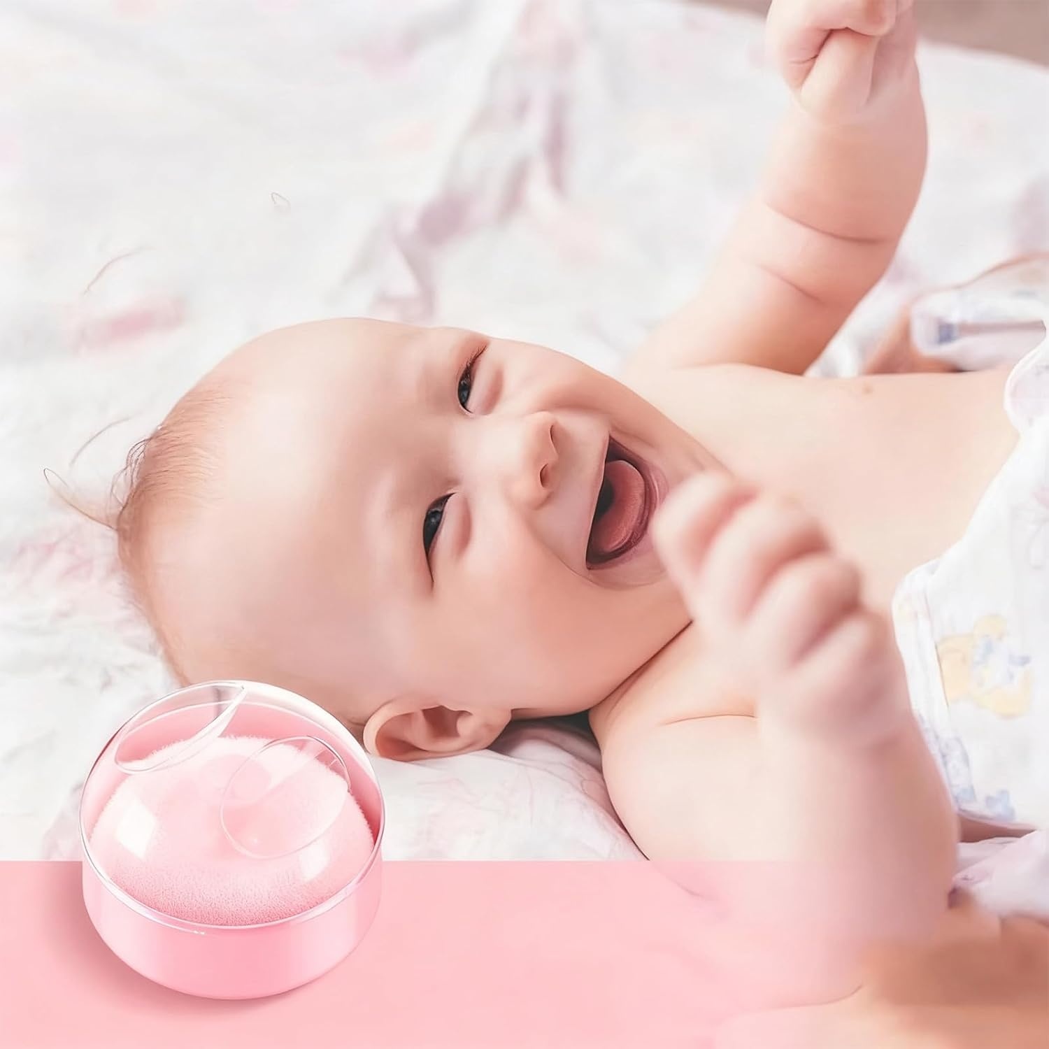 image:imagePandaEar Baby Body Cosmetic Powder Puff Baby Powder Box Soft Body Powder Puff and Container Case for Baby Pink