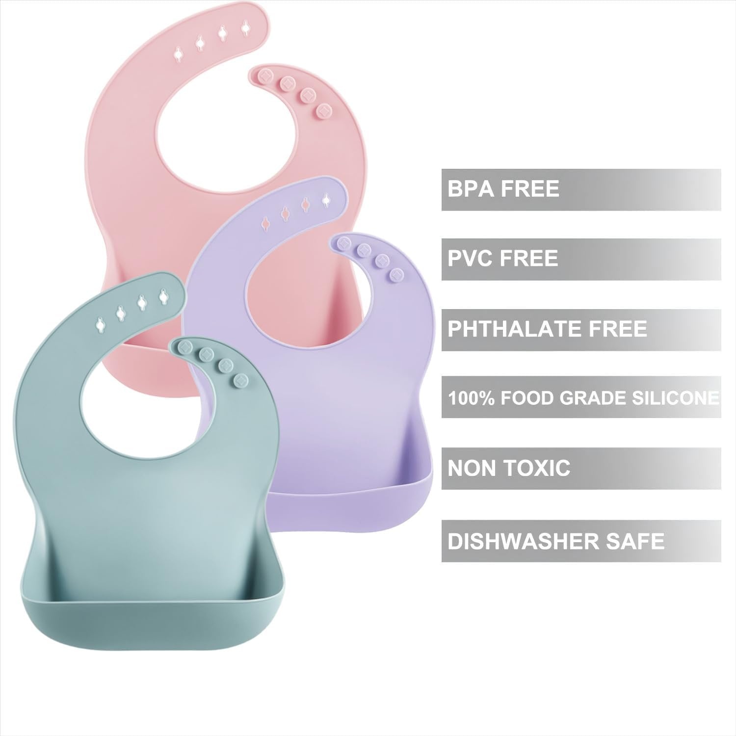 image:imagePandaEar Set of 3 Silicone Baby Bibs Waterproof Soft Adjustable Bibs for Babies Toddlers 1072 MonthsBluePinkPurple