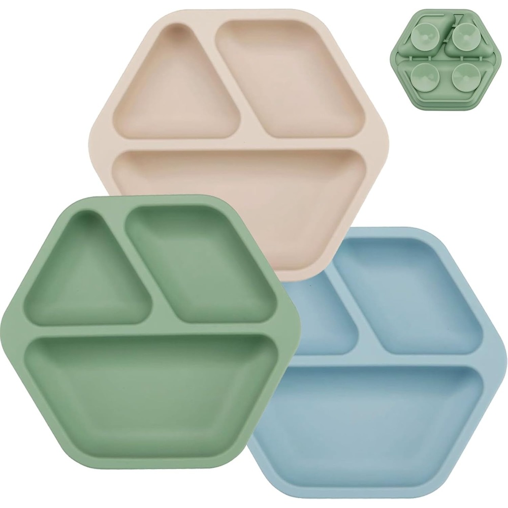 image:imagePandaEar 3 Pack Toddler Plates Hexagon Divided Suction Plates for Baby 100 Food Grade Silicone Baby Plates NonSlip Baby Led Weaning Supplies Microwave amp Dishwasher Safe HexagonHexagon
