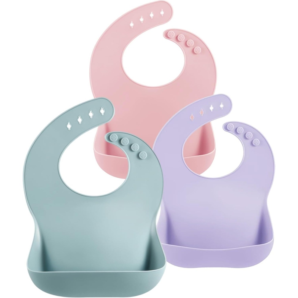 image:imagePandaEar Set of 3 Silicone Baby Bibs Waterproof Soft Adjustable Bibs for Babies Toddlers 1072 MonthsBluePinkPurple