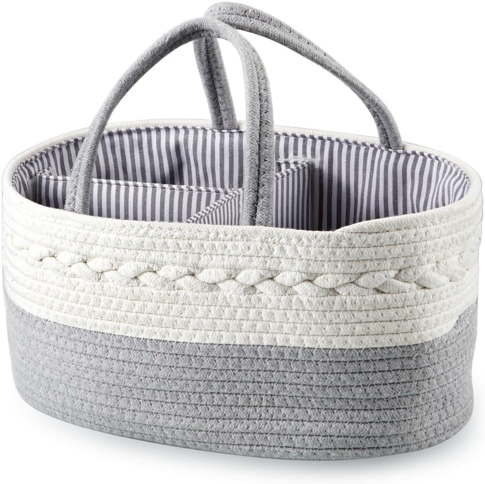 image:imagePandaEar Baby Diaper Caddy Organizer for Boys Girls Portable Baby Diaper Basket Travel Cotton Rope Diaper Caddy Change Organizer for Baby Shower Gifts Newborn Infants