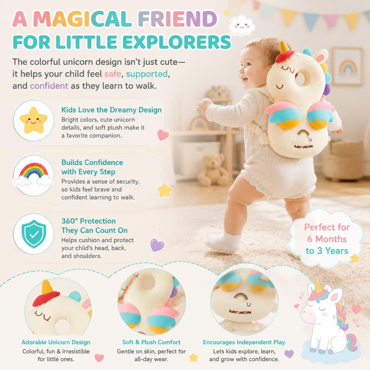 image:imagePandaEar Baby Head Protector Backpack Unicorn for Walking Crawling